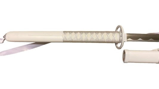 Sword with decorative white sheath on a white background