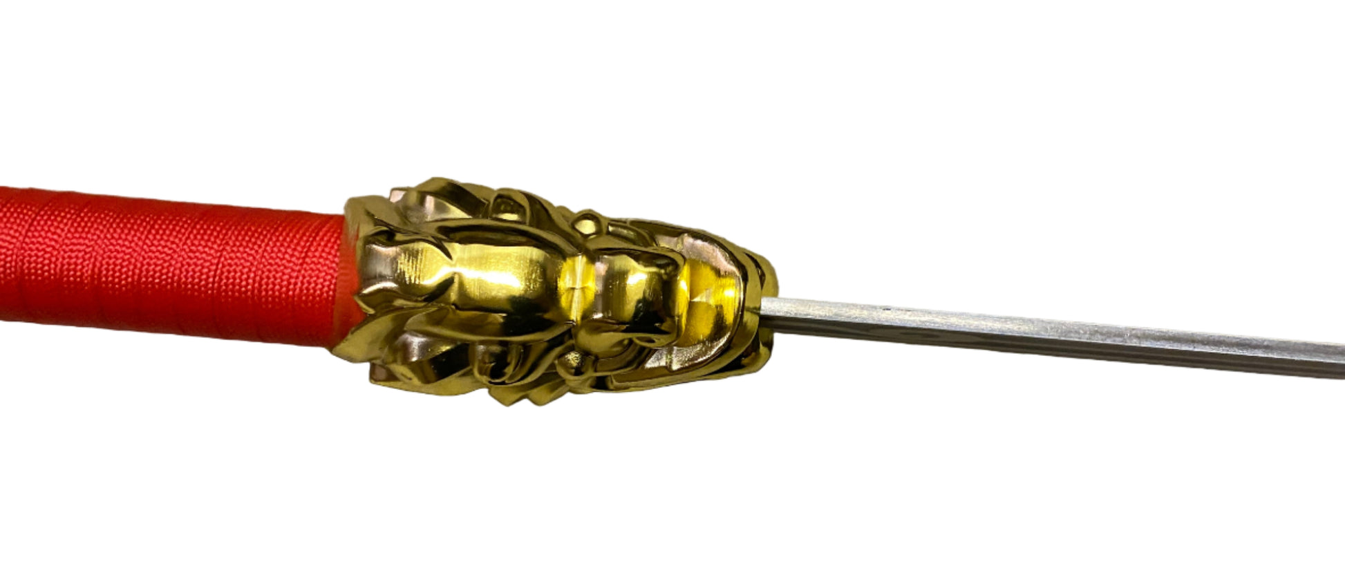 Sword with gold hilt and red sheath on a white background