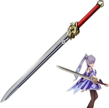 Sword with gold handle and red blade next to an anime-style character holding a similar sword.
