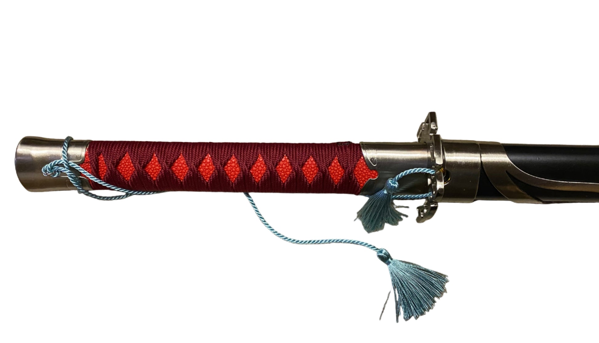 Sword with red handle and blue tassels on a white background