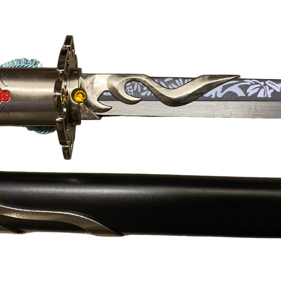 Sword with red handle and silver blade on a white background