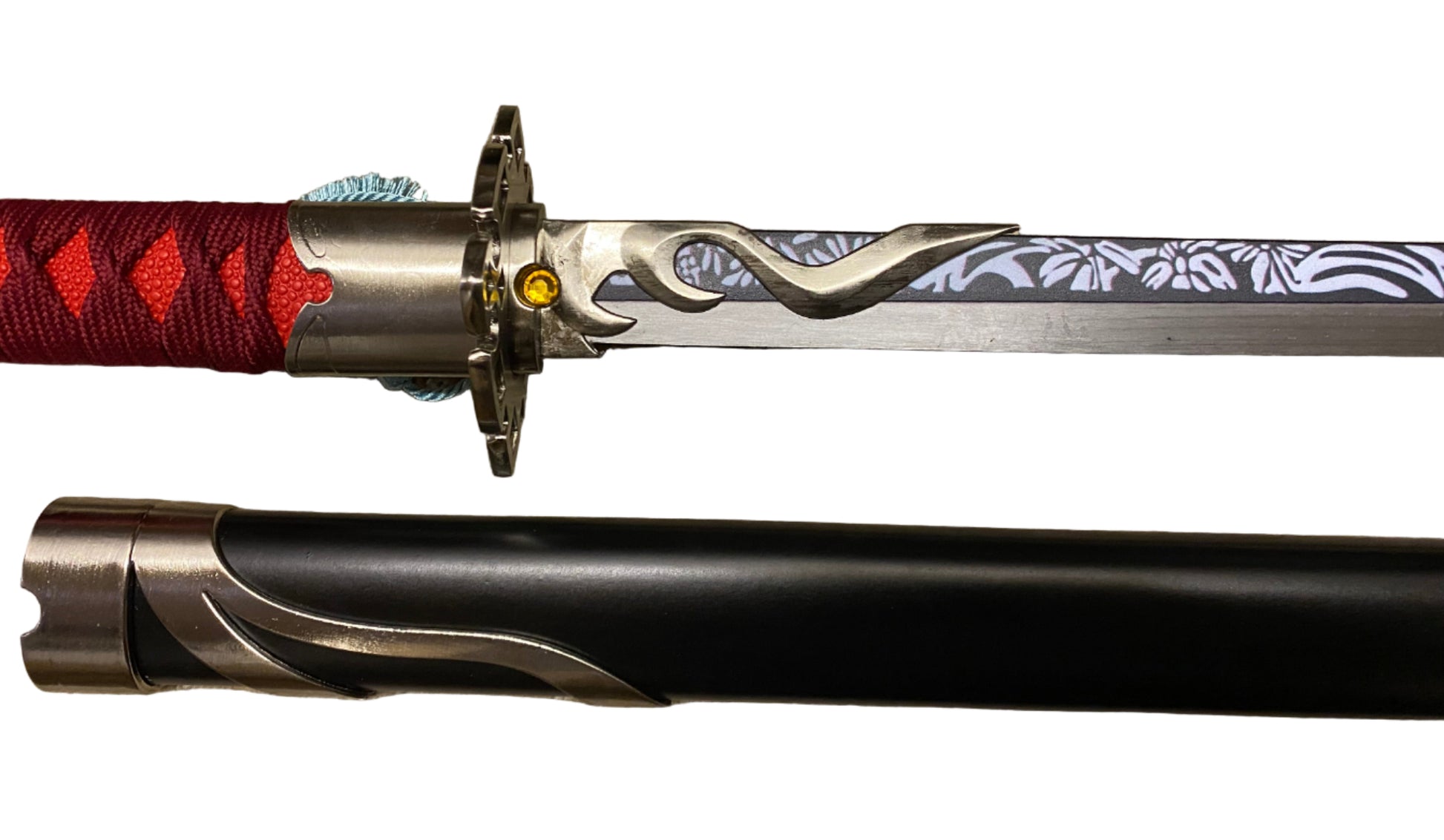 Sword with red handle and silver blade on a white background