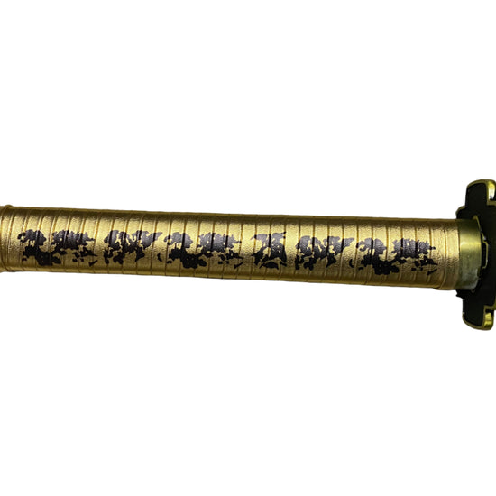 Sword with gold handle and black text on a white background