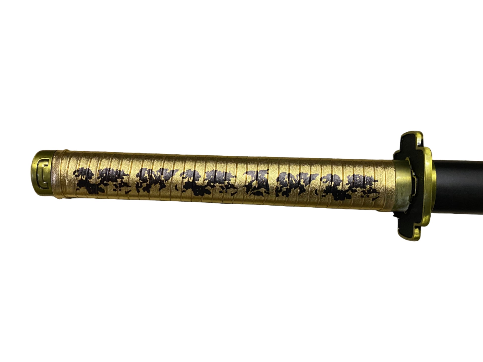 Sword with gold handle and black text on a white background