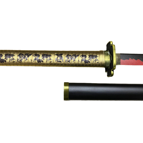 Sword with gold handle and black blade on a white background