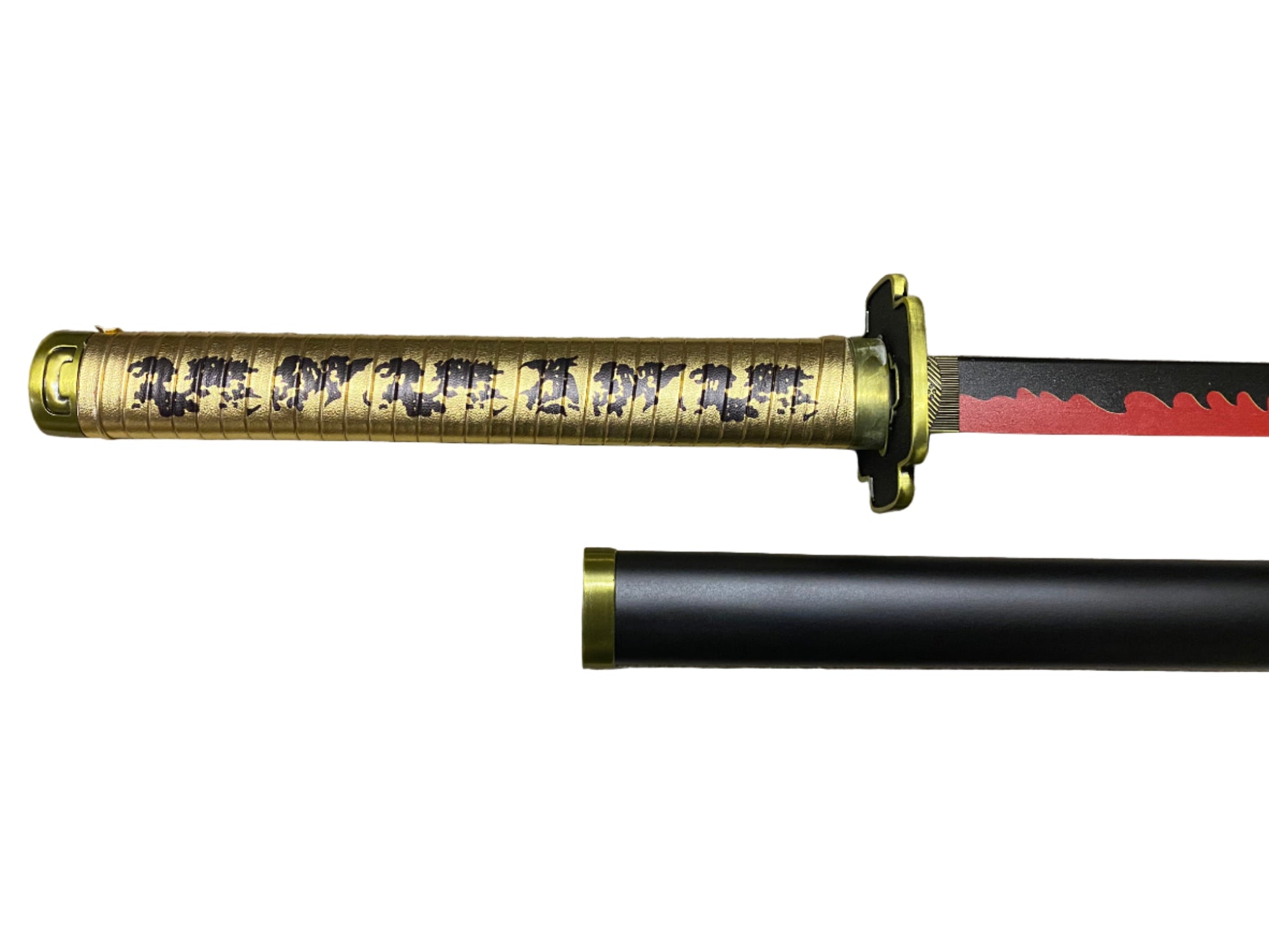 Sword with gold handle and black blade on a white background