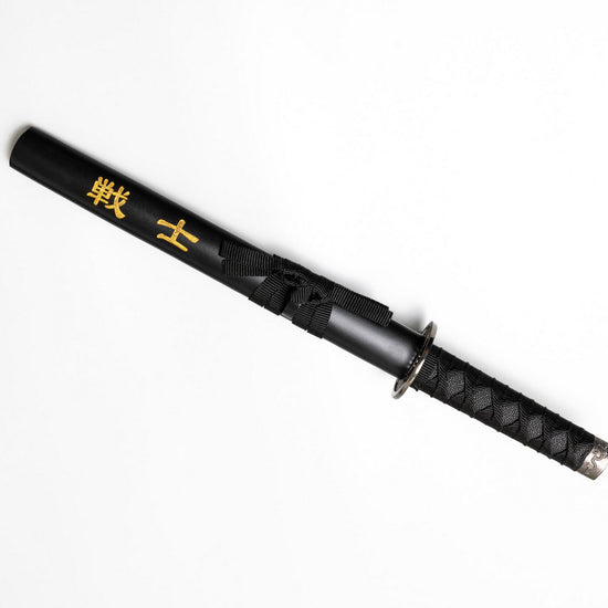Sword with black sheath and yellow symbols on a white background