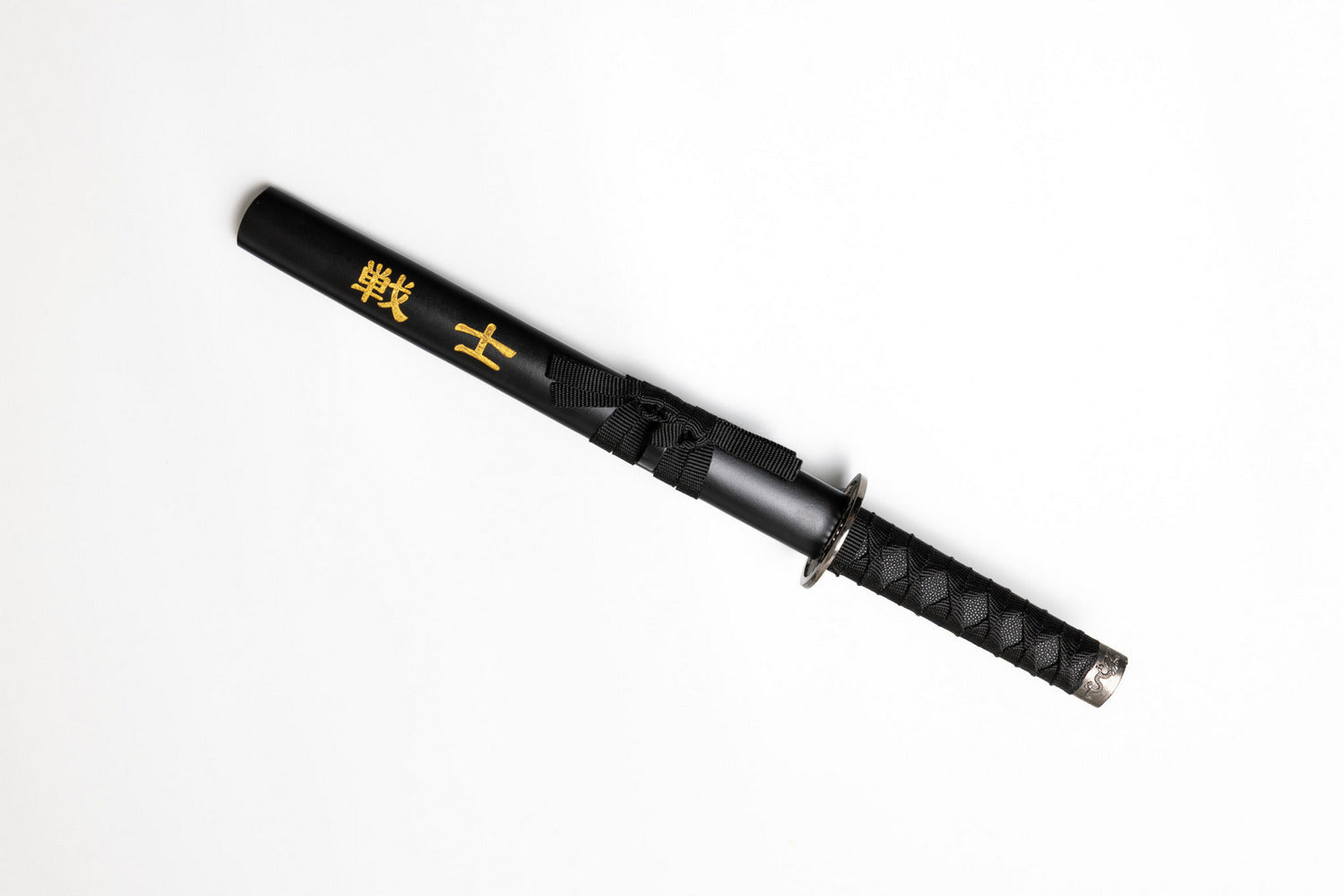 Sword with black sheath and yellow symbols on a white background