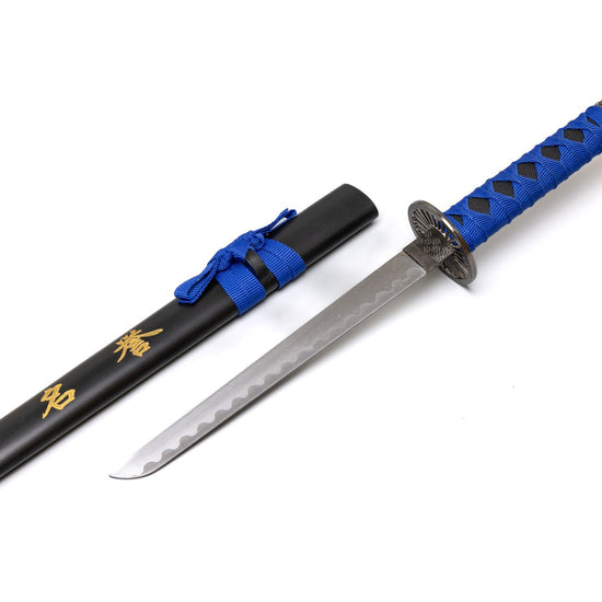 Sword with blue handle and black sheath on a white background