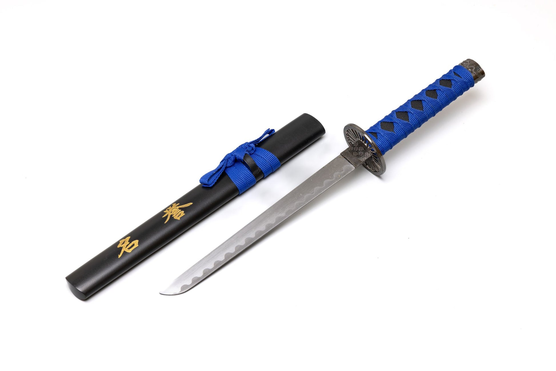 Sword with blue handle and black sheath on a white background