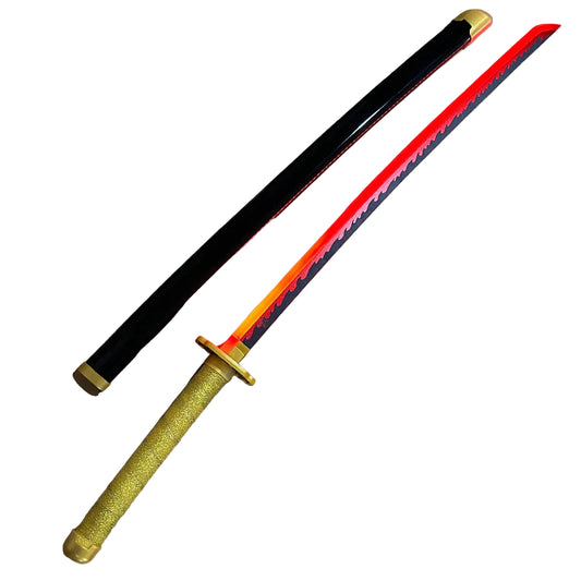 Sword with red blade and gold handle on a white background