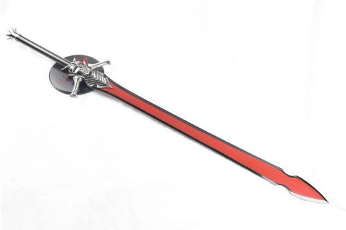 Decorative sword with red blade and black handle on a white background
