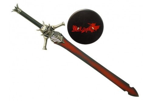 Decorative sword with a black sheath featuring a red logo on a white background