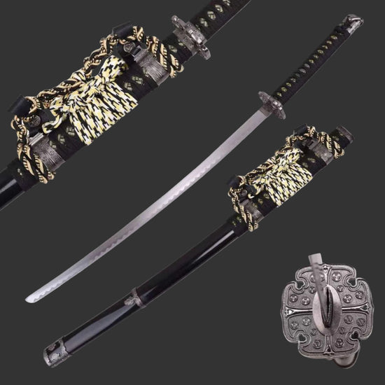 Japanese katana sword and its black scabbard shown on a white background, with detailed close-ups of the hilt wrap, blade guard, and tsuba, plus a small text inset listing dimensions and weight.