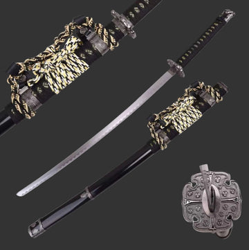 Japanese katana sword and its black scabbard shown on a white background, with detailed close-ups of the hilt wrap, blade guard, and tsuba, plus a small text inset listing dimensions and weight.