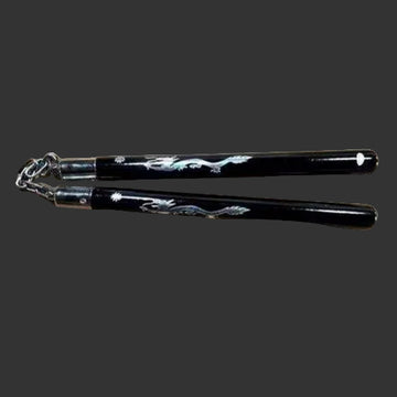 Black with Silver Dragon Wood Nunchucks