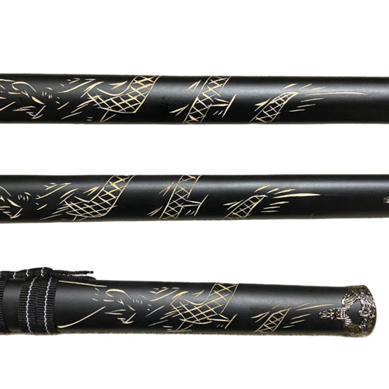 Three black swords with engraving on a white background
