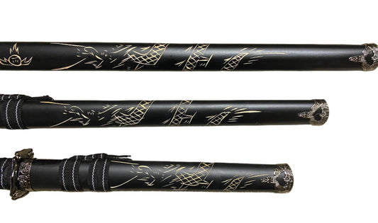 Three black swords with engraving on a white background