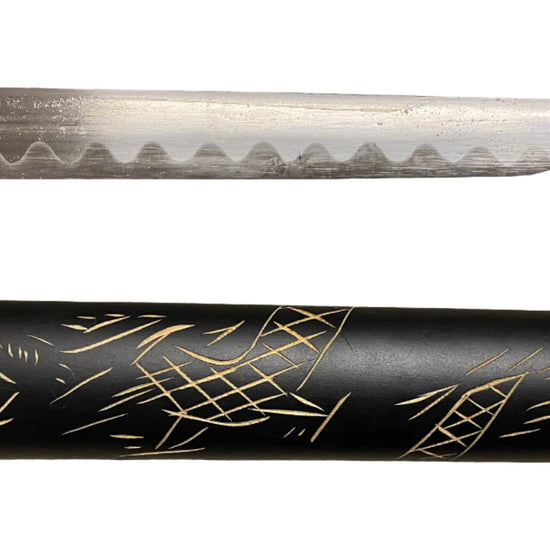 Sword with black sheath featuring patterns on a white background