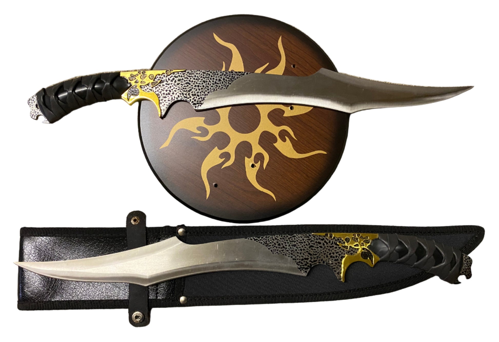 Decorative knife with a wooden sheath featuring artistic designs on a white background