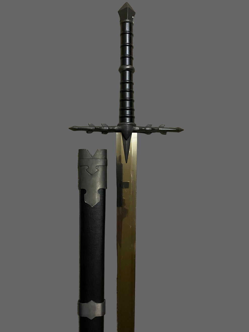 Sword with black handle and blade on grey background