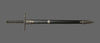 Sword with a black handle and silver blade on a gray background