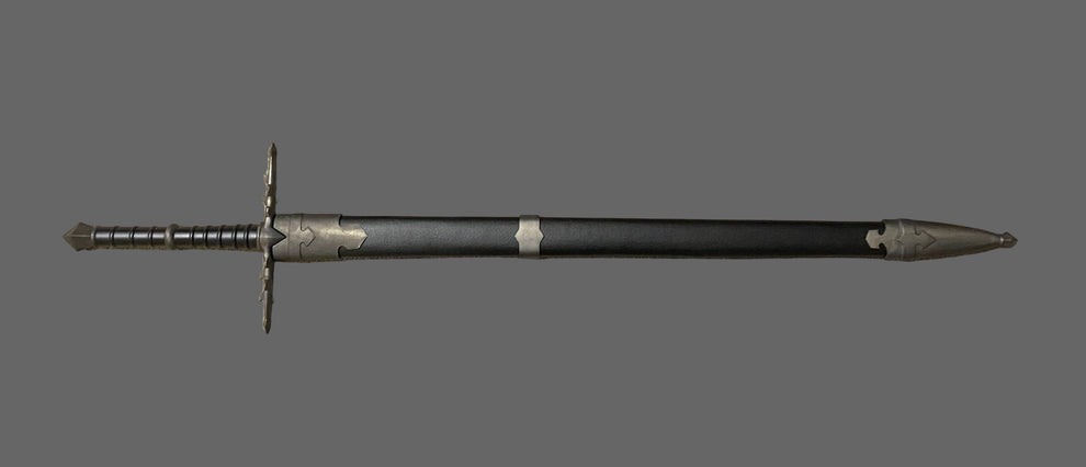 Sword with a black handle and silver blade on a gray background