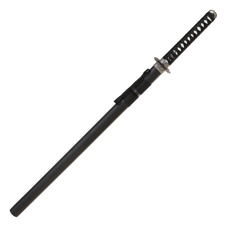 Black sword with decorative handle on a white background