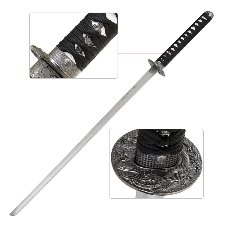 Sword with black sheath and decorative elements on a white background