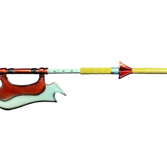 Decorative weapon with a curved blade and yellow handle on a white background