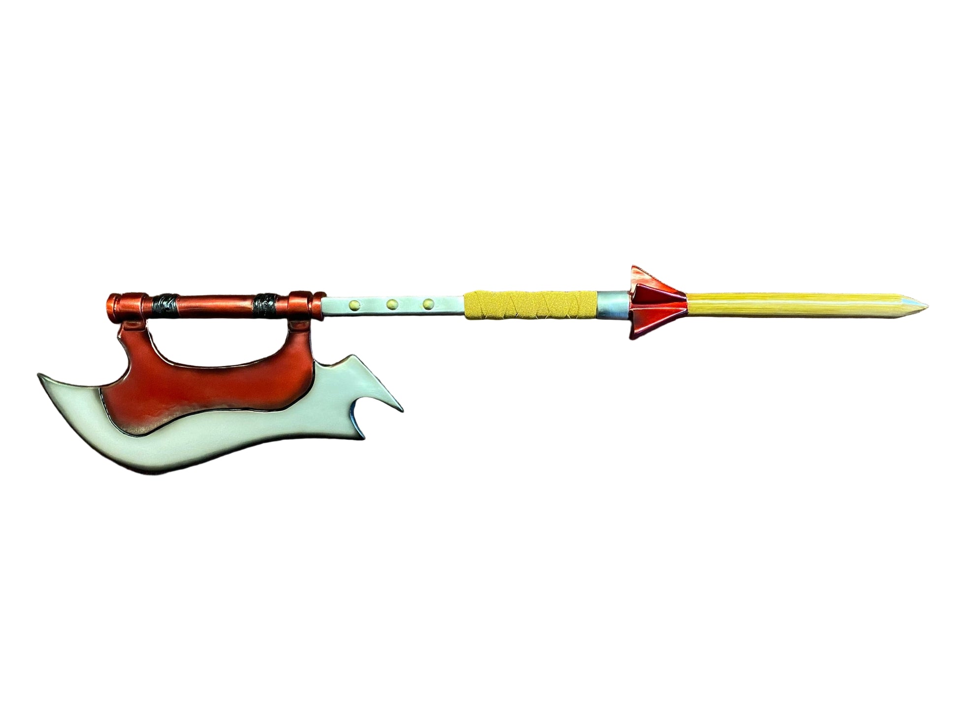 Decorative weapon with a curved blade and yellow handle on a white background