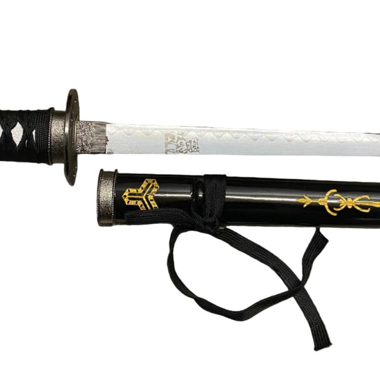 Sword with black sheath on a gray background