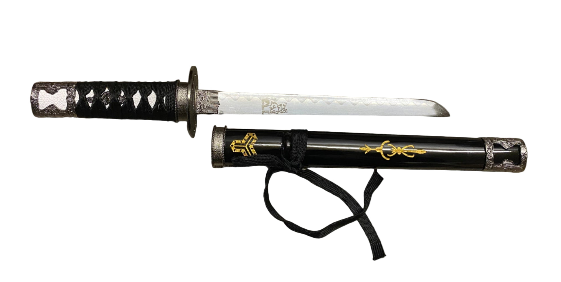 Sword with black sheath on a gray background