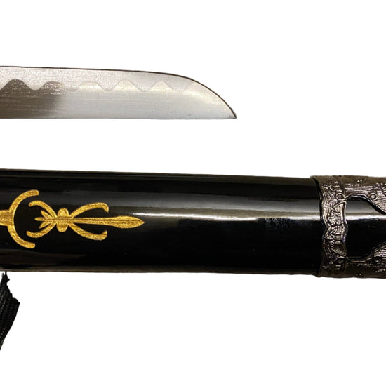 Sword with black sheath featuring gold emblem on a gray background