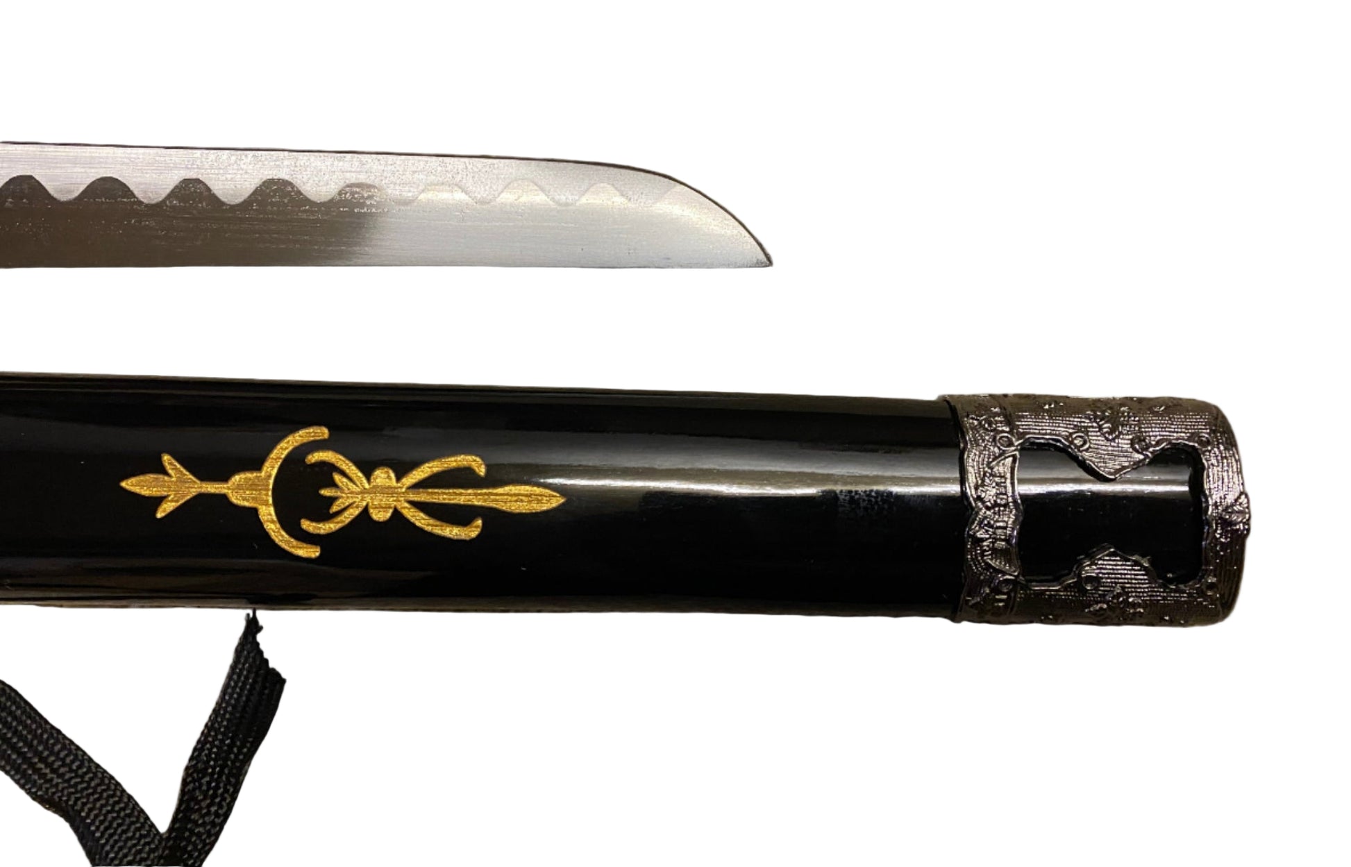 Sword with black sheath featuring gold emblem on a gray background
