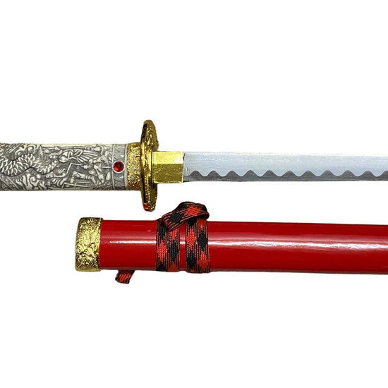 Decorative sword with red sheath on a white background