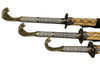 Three ornate swords with decorative sheaths on a white background