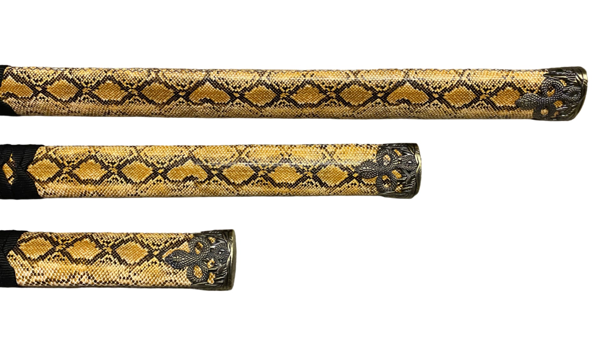 Decorative object with gold and black pattern on a white background