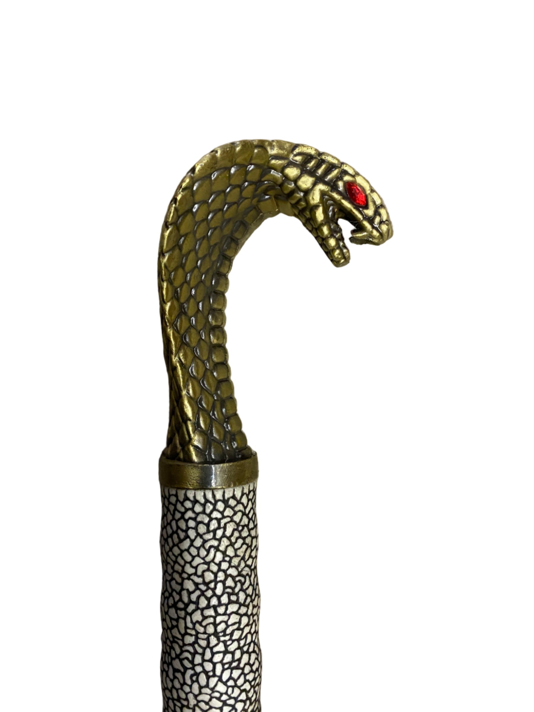Decorative walking cane with snake head design on a white background