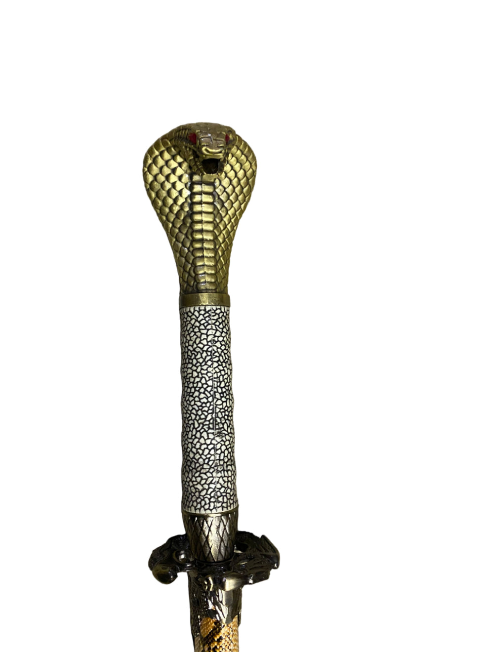 Decorative dagger handle with snake design on a white background