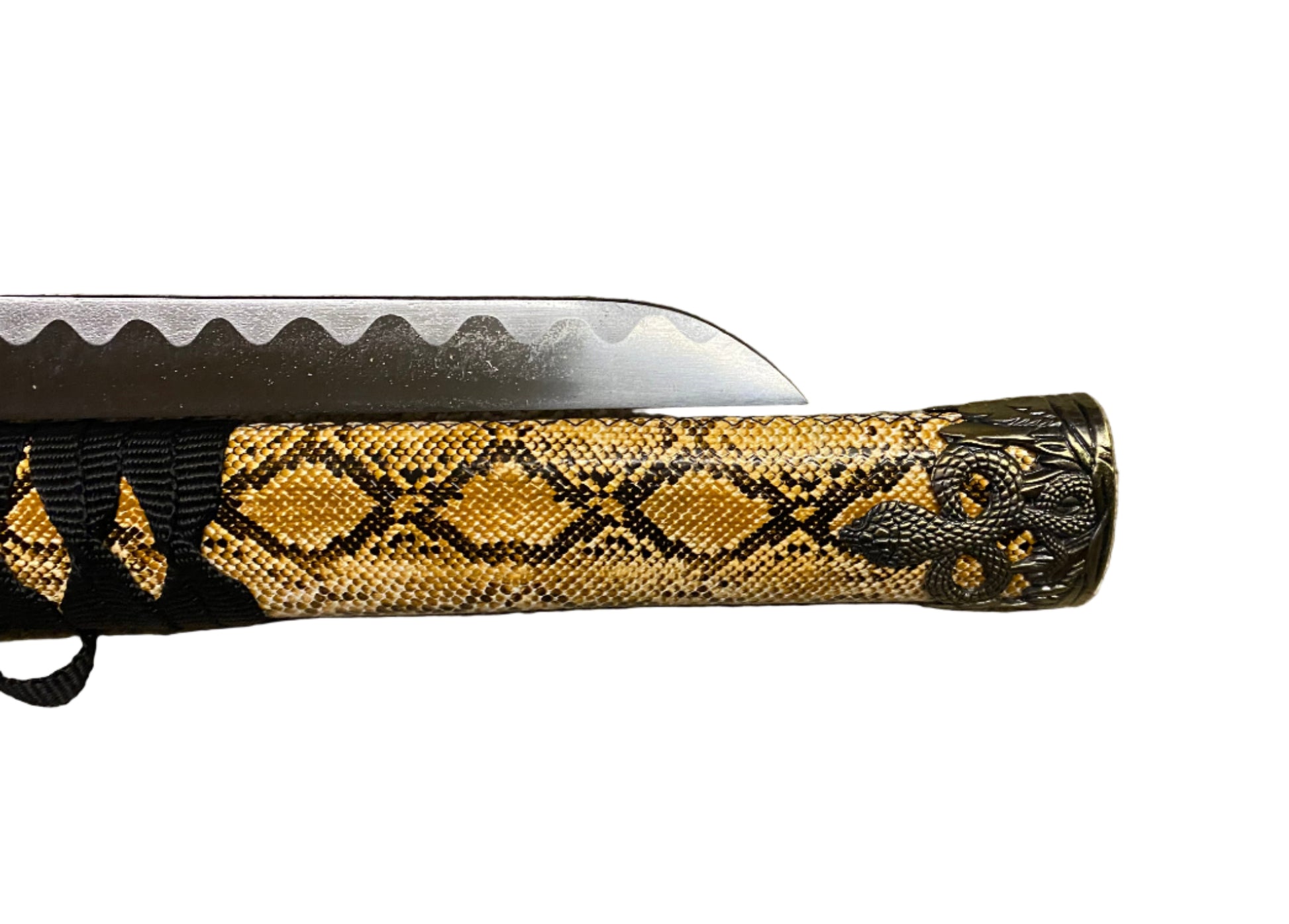 Folding knife with snake pattern handle on a white background