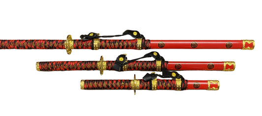 Red and black sword with gold accents on a white background
