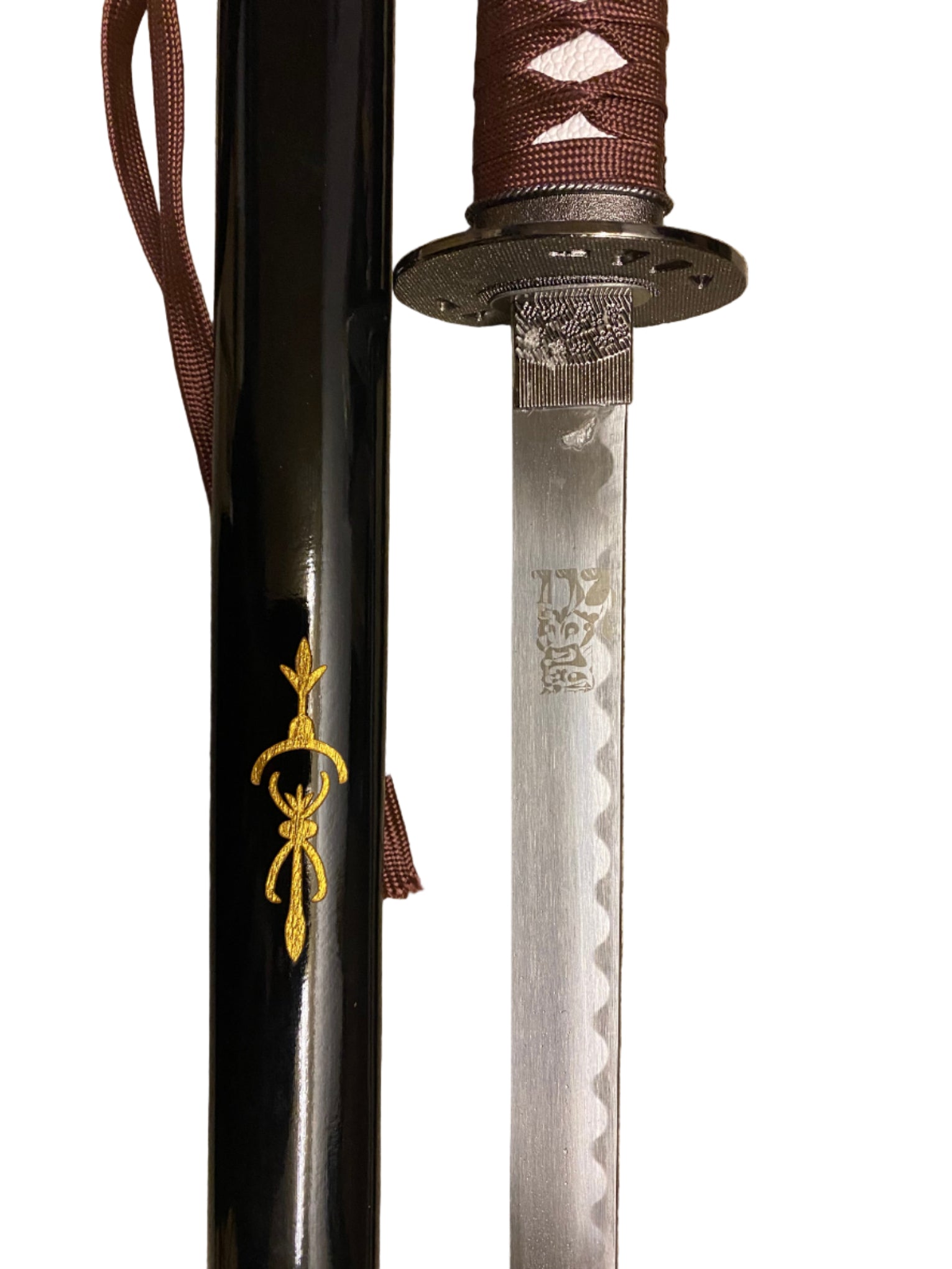 Sword with a black sheath and decorative elements on a white background