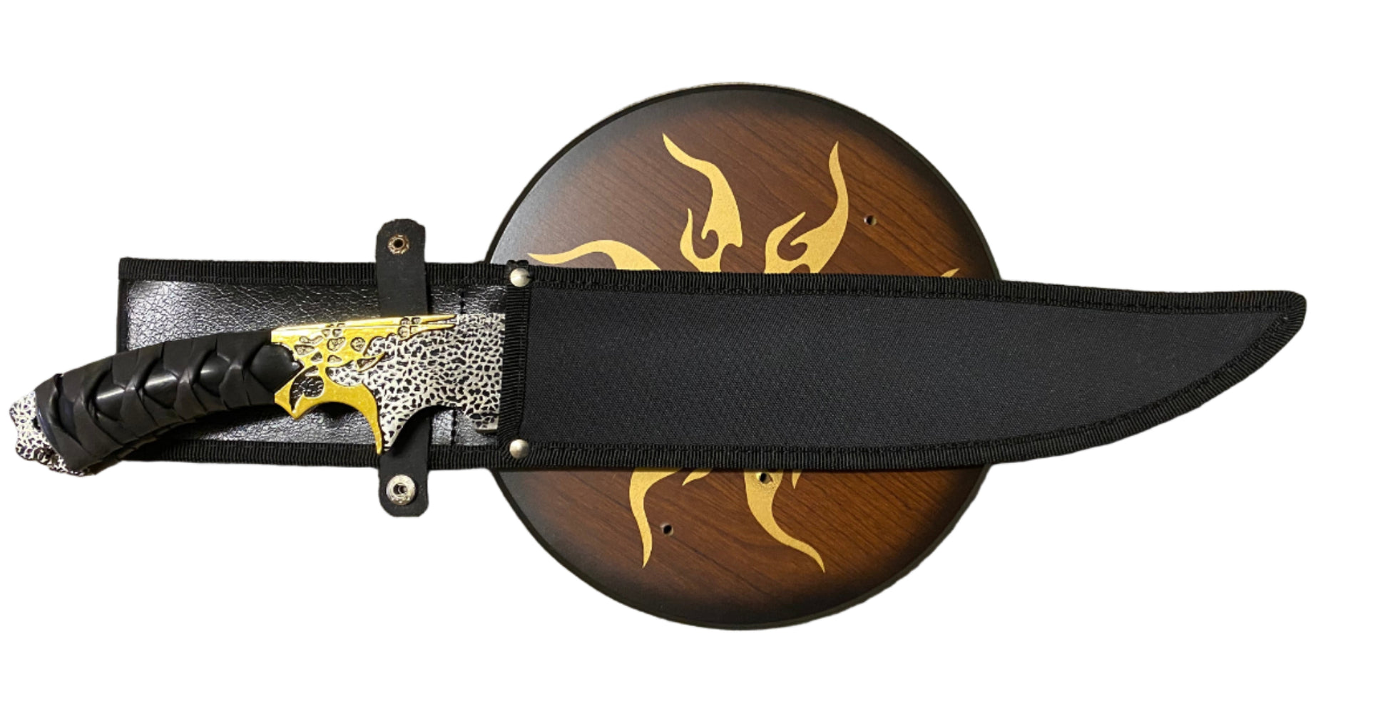 Decorative knife with black sheath and wooden handle on a white background