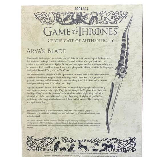 Game of Thrones certificate of authenticity for Arya's Blade 