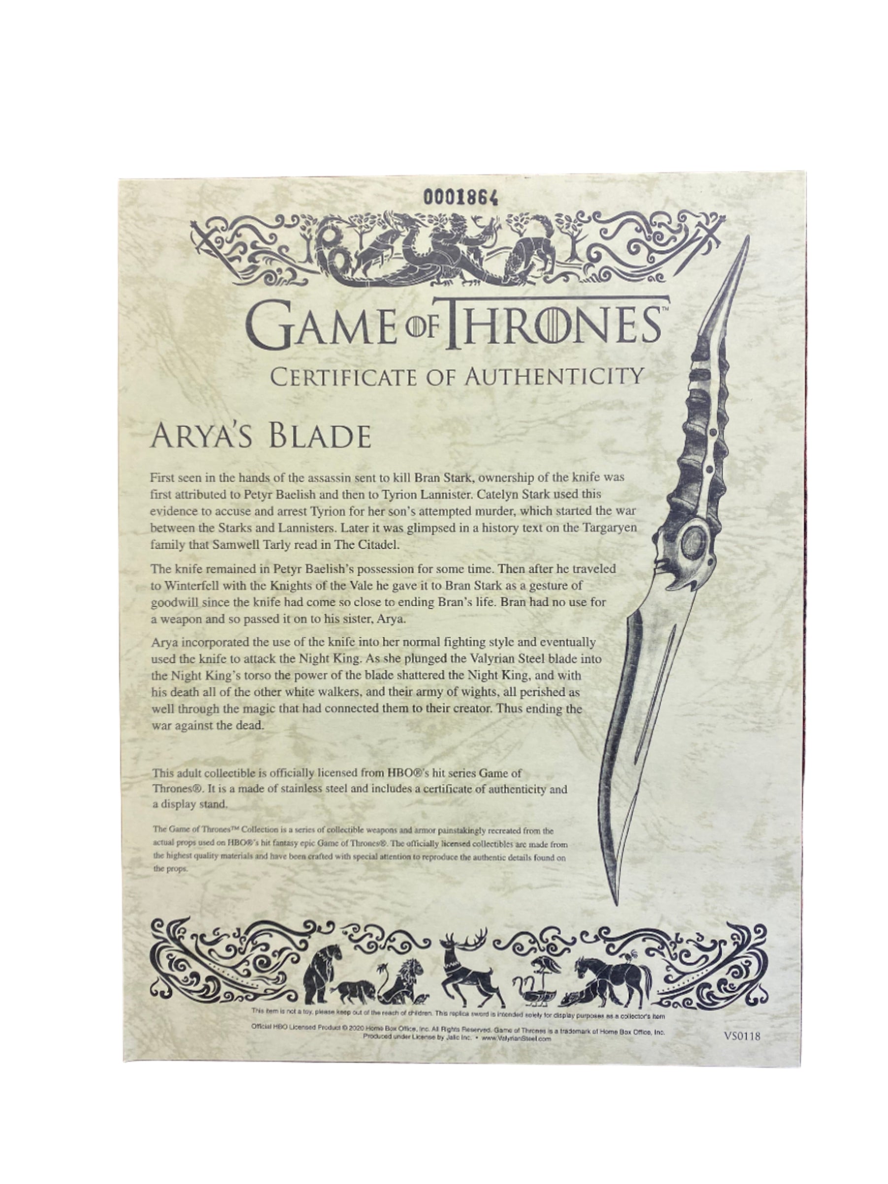 Game of Thrones certificate of authenticity for Arya's Blade 