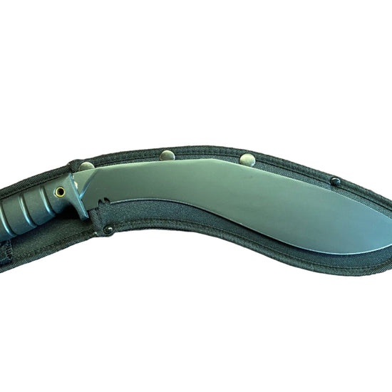 Curved blade knife with sheath on a white background
