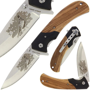Pheasant Design Zebra Wood Lock Knife