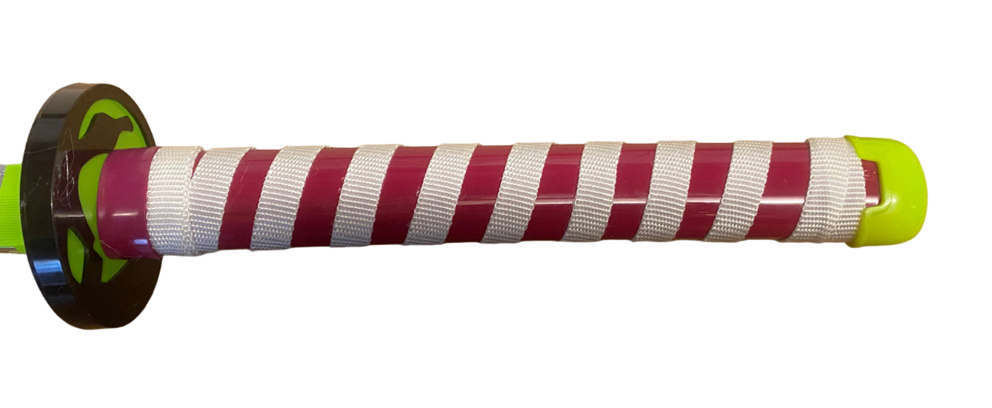 Close-up of a striped handle with green accents on a white background