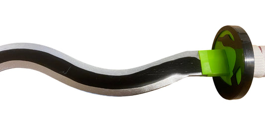 Close-up of a curved metal rod with a green label on a white background